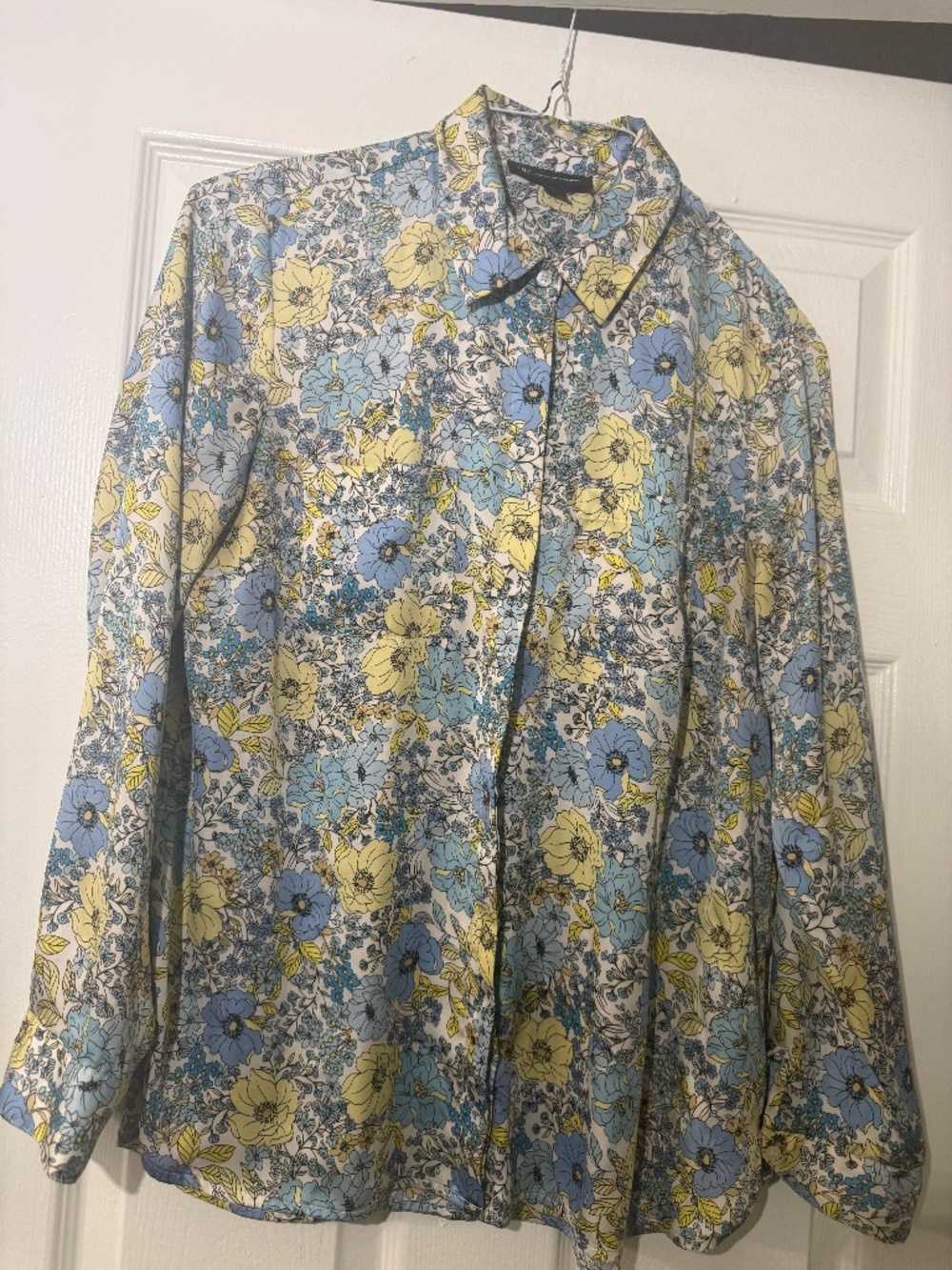 INC International Concepts Floral Button Down Blouse Blue Yellow M